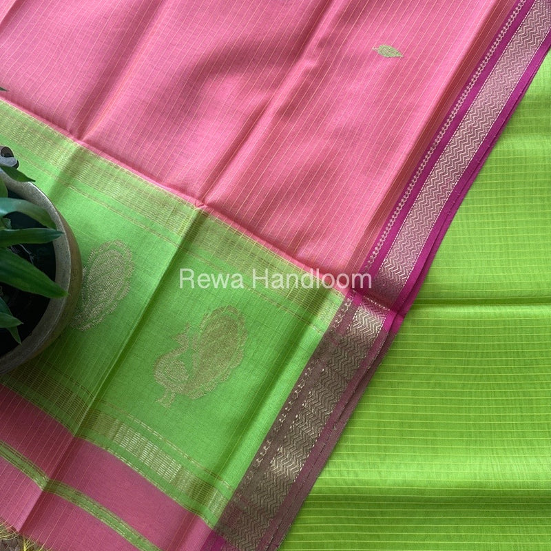 Maheshwari Parrot Green-Pink Peacock Butta-Butti Top-Dupatta Set MS017