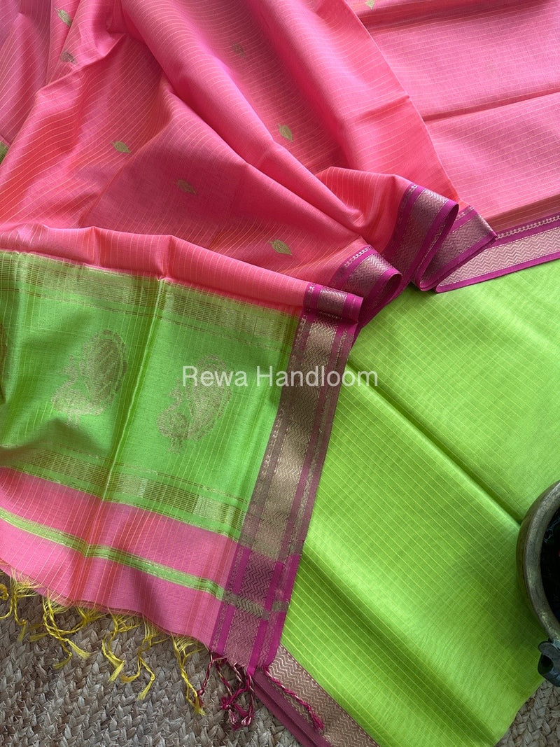 Maheshwari Parrot Green-Pink Peacock Butta-Butti Top-Dupatta Set MS017