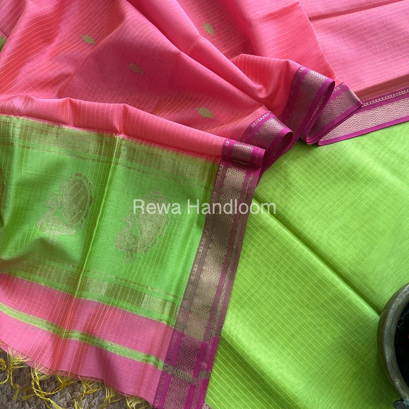 Maheshwari Parrot Green-Pink Peacock Butta-Butti Top-Dupatta Set MS017