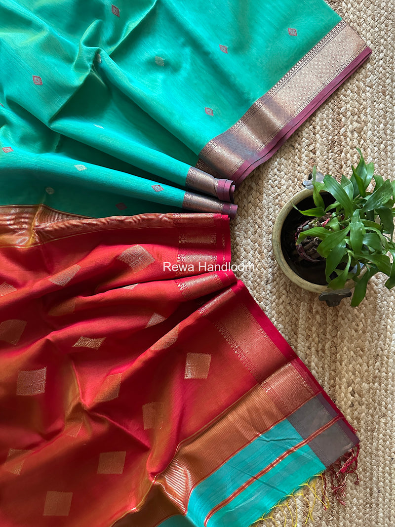 Aqua Green Butta Pallu Zari Border Maheshwari Saree DBTS02