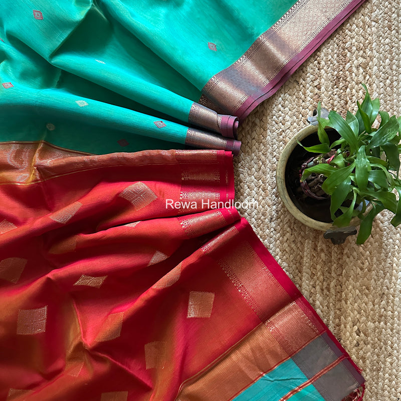 Aqua Green Butta Pallu Zari Border Maheshwari Saree DBTS02