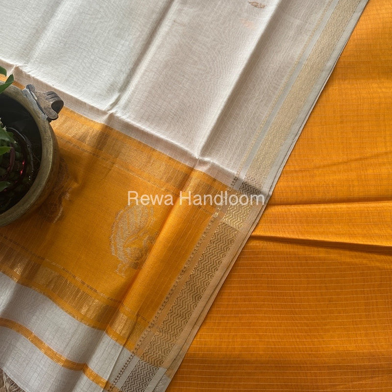 Maheshwari Orange-Off White Peacock Buta-Buti Top-Dupatta Set MS058