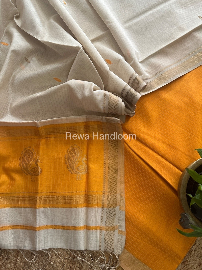 Maheshwari Orange-Off White Peacock Buta-Buti Top-Dupatta Set MS058