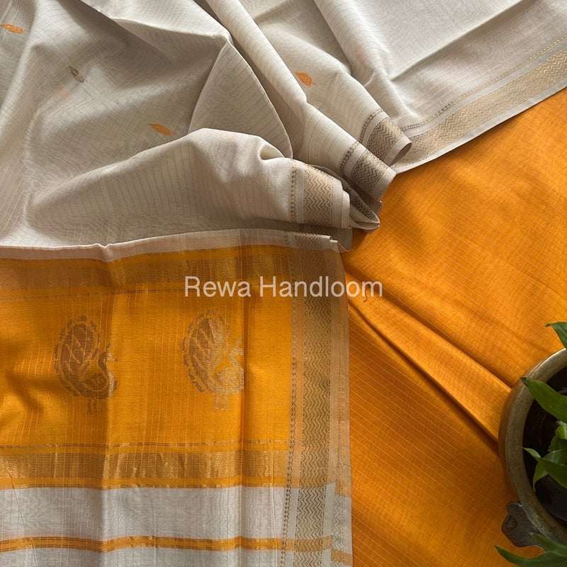 Maheshwari Orange-Off White Peacock Buta-Buti Top-Dupatta Set MS058