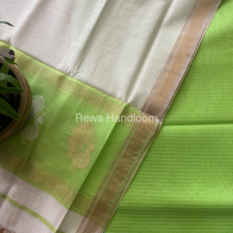 Maheshwari Parrot Green-White Peacock Buta-Buti Top-Dupatta Set MS018