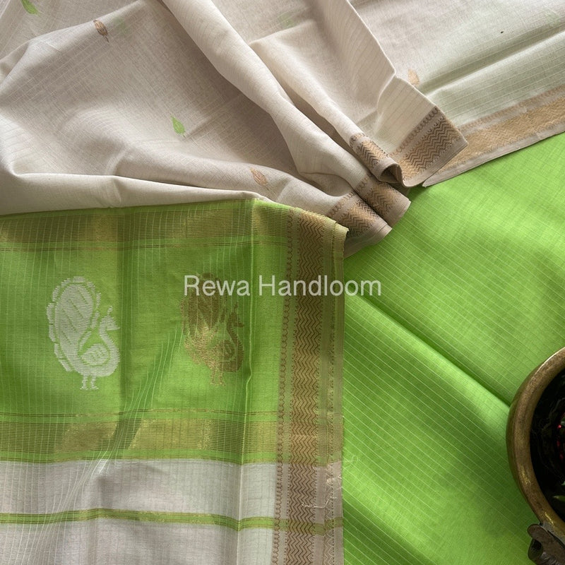 Maheshwari Parrot Green-White Peacock Buta-Buti Top-Dupatta Set MS018