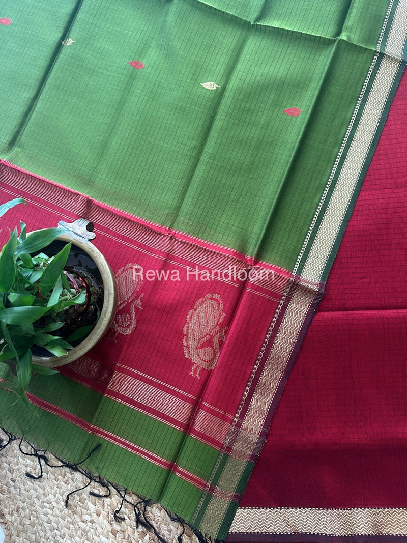 Maheshwari Red-Mehendi Green Motifs Top-Dupatta Set MS0135