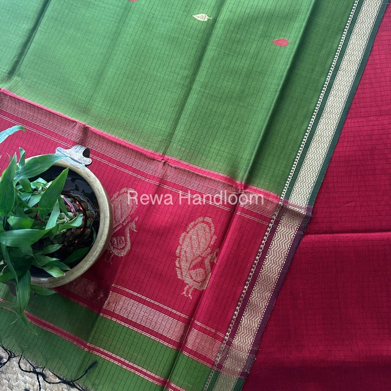 Maheshwari Red-Mehendi Green Motifs Top-Dupatta Set MS0135