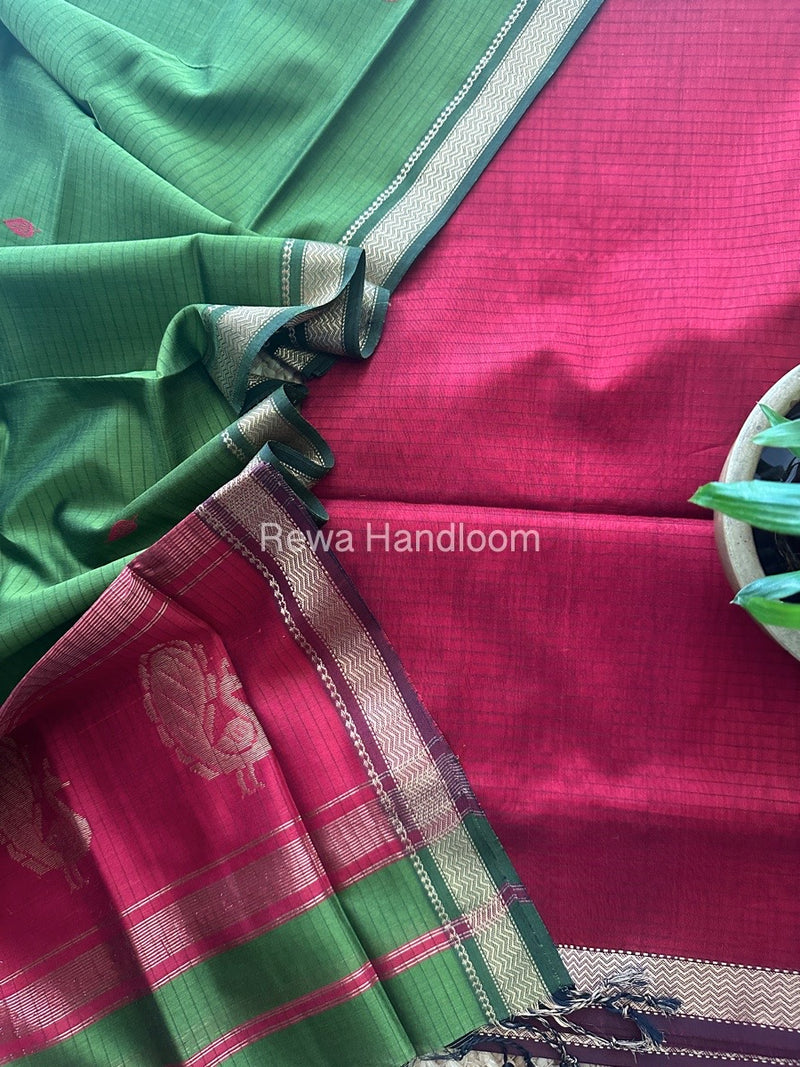 Maheshwari Red-Mehendi Green Motifs Top-Dupatta Set MS0135