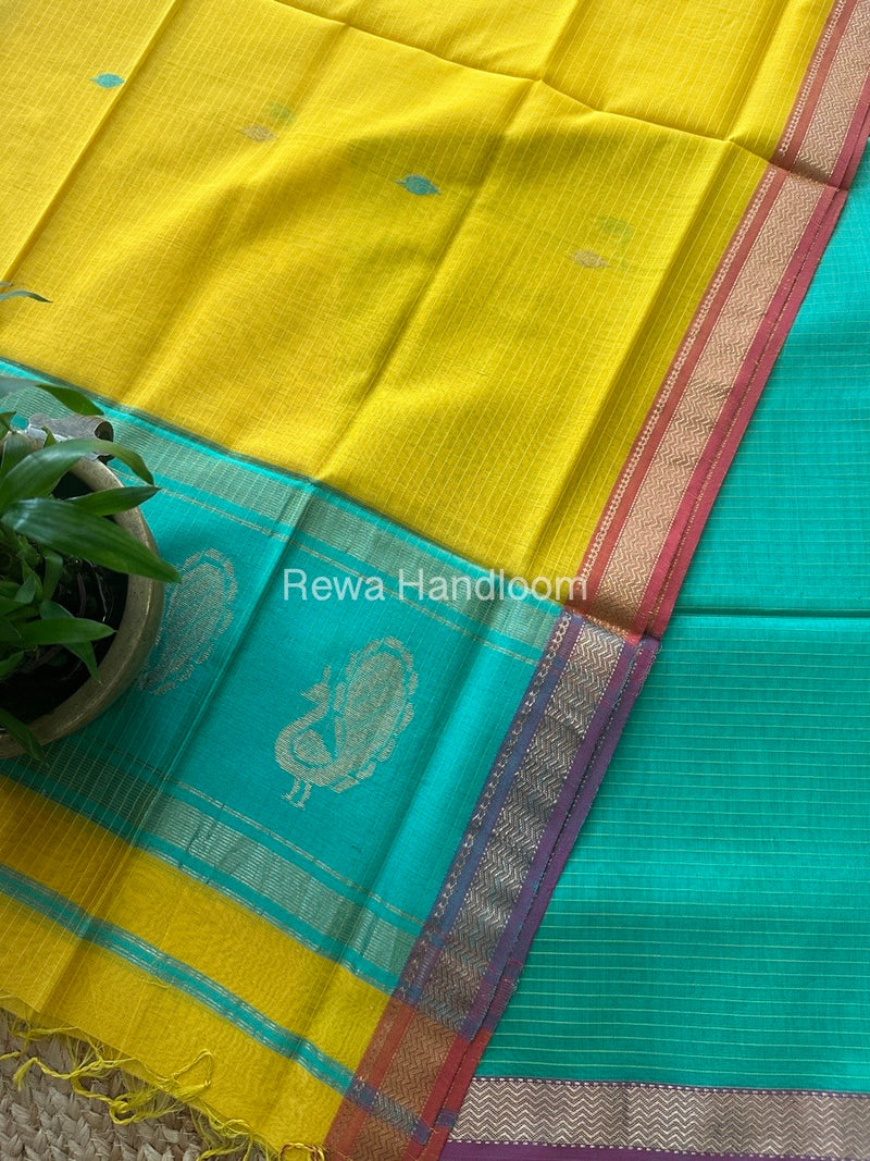 Maheshwari Sea Green-Mango Yellow Motifs Top-Dupatta Set MS055
