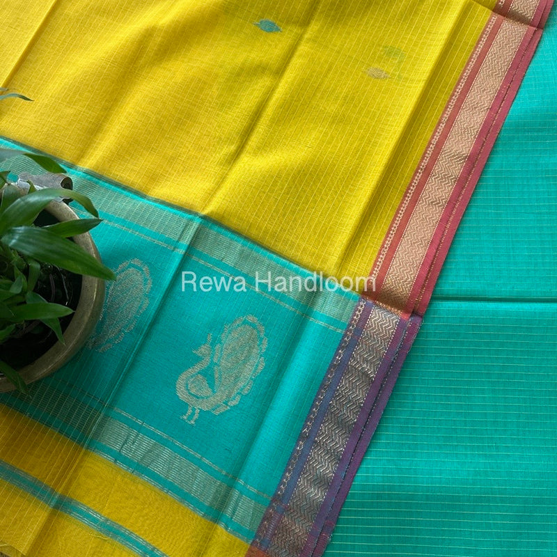 Maheshwari Sea Green-Mango Yellow Motifs Top-Dupatta Set MS055