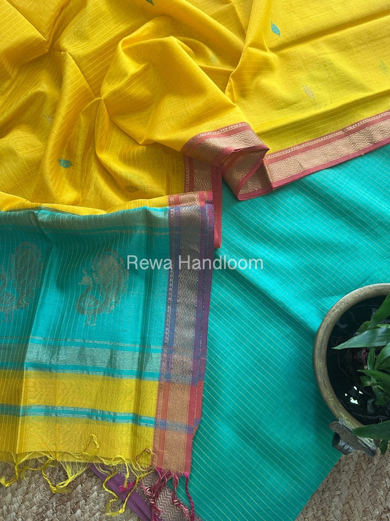 Maheshwari Sea Green-Mango Yellow Motifs Top-Dupatta Set MS055