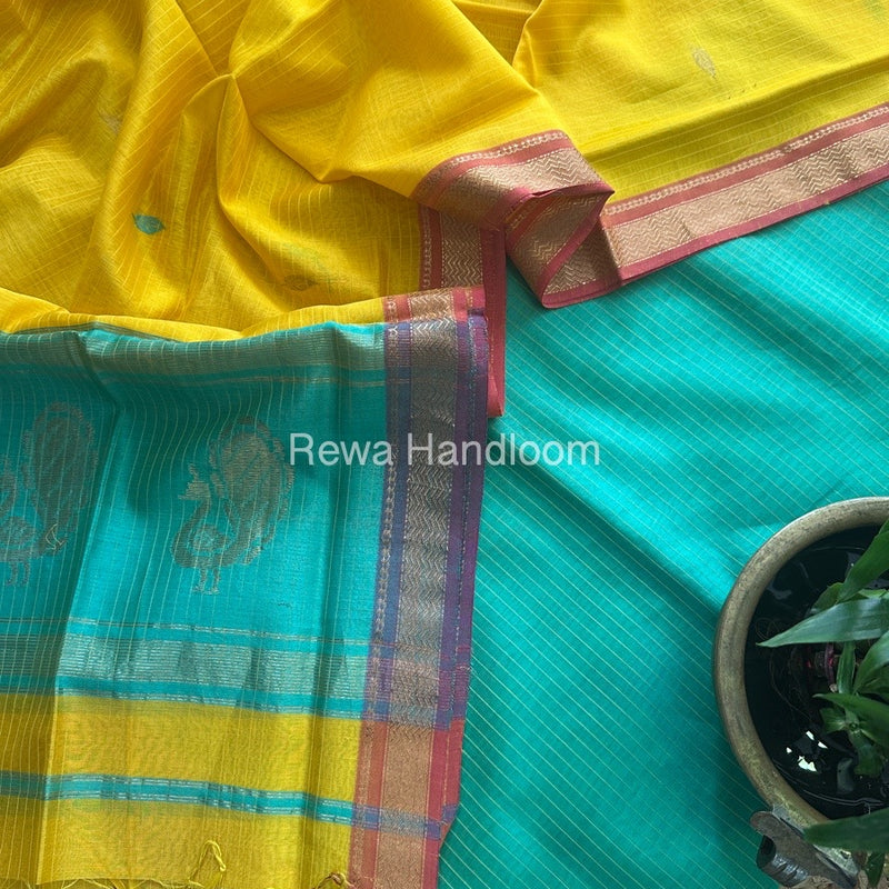 Maheshwari Sea Green-Mango Yellow Motifs Top-Dupatta Set MS055