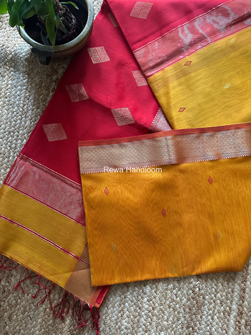 Mustard Yellow Butta Pallu Zari Border Maheshwari Saree DBTS04
