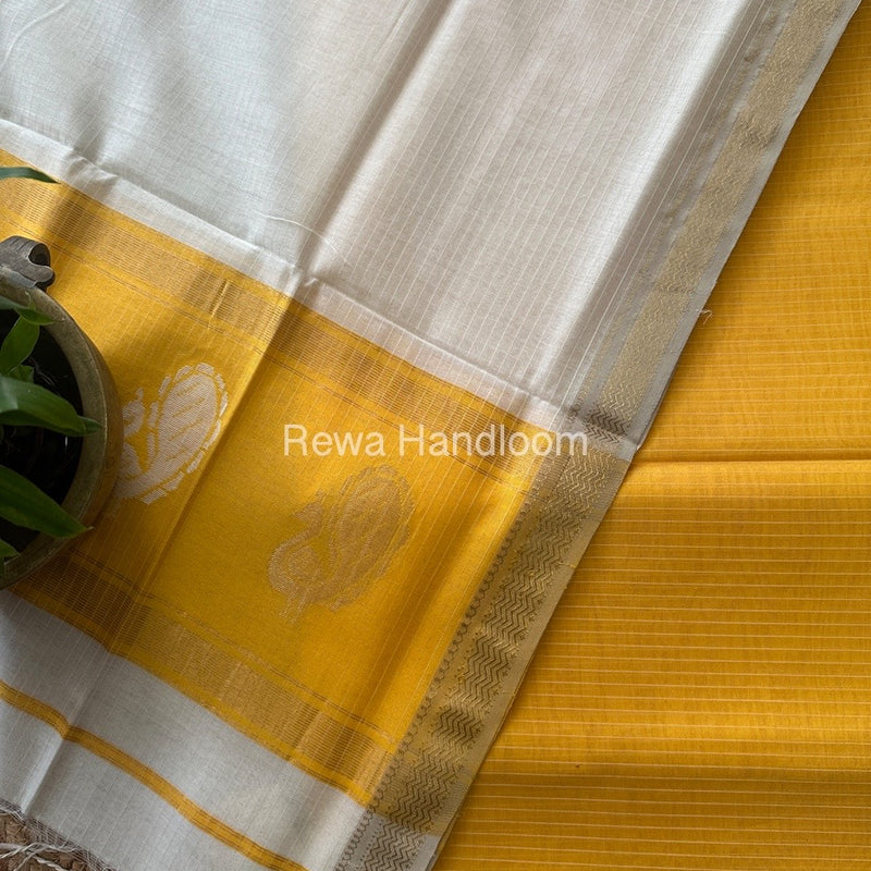 Maheshwari Yellow-White Peacock Buta-Buti Top-Dupatta Set MS05