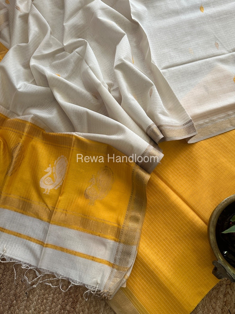 Maheshwari Yellow-White Peacock Buta-Buti Top-Dupatta Set MS05
