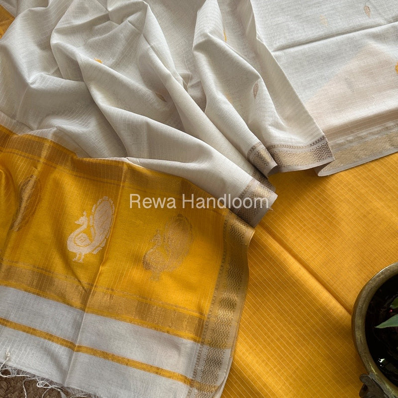 Maheshwari Yellow-White Peacock Buta-Buti Top-Dupatta Set MS05