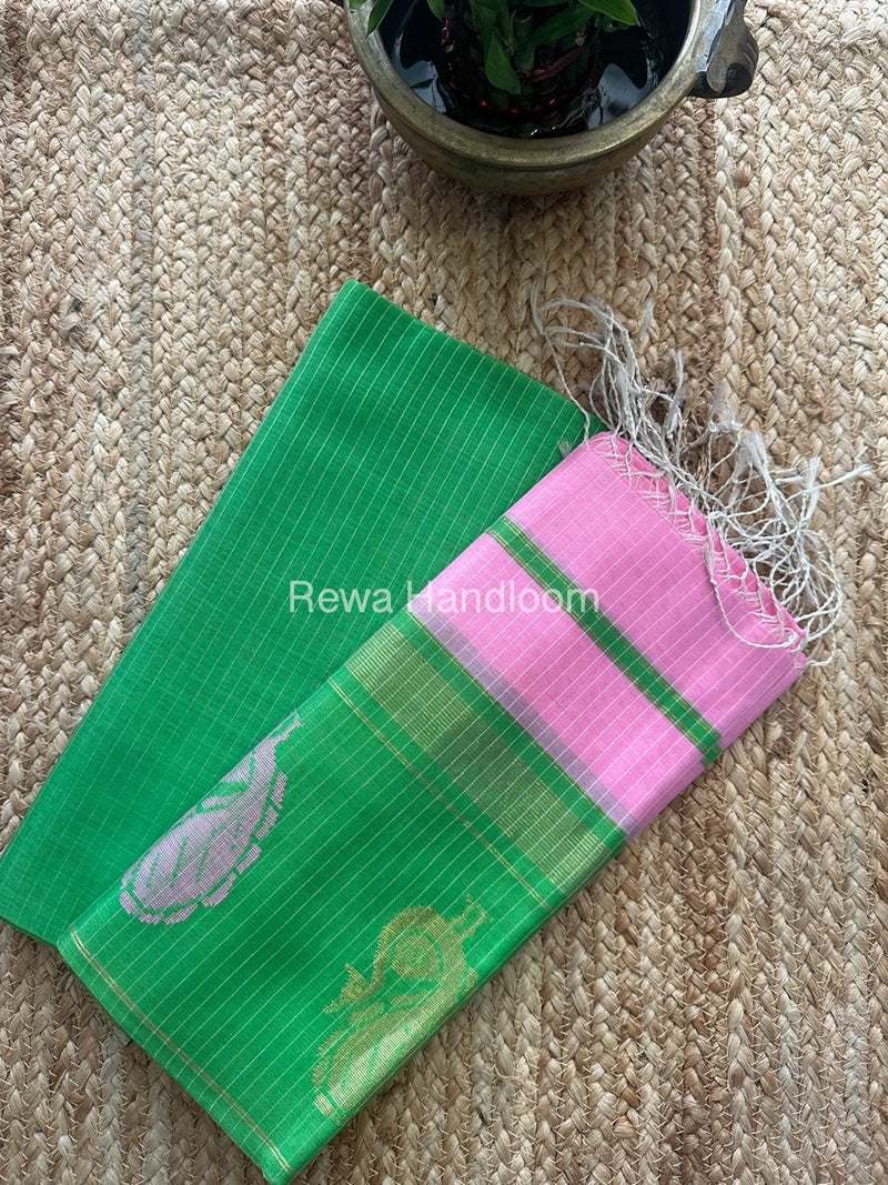 Maheshwari Parrot Green-Pink Peacock Buta-Buti Top-Dupatta Set MS048