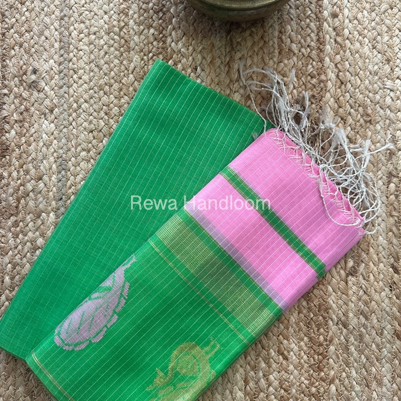 Maheshwari Parrot Green-Pink Peacock Buta-Buti Top-Dupatta Set MS048