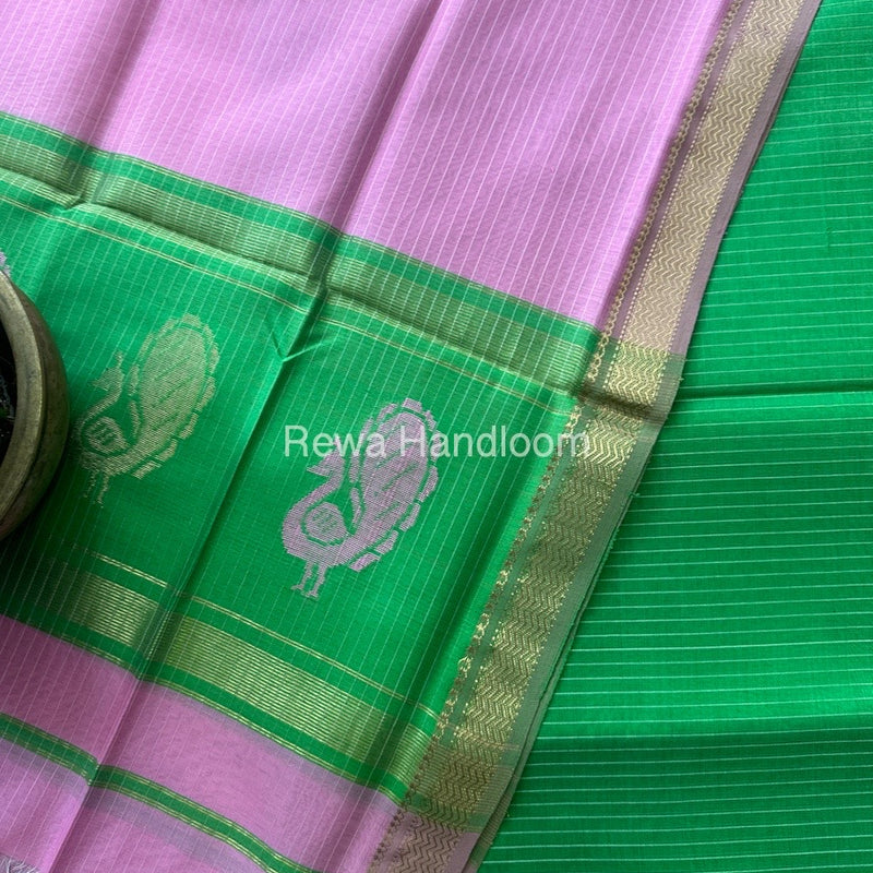 Maheshwari Parrot Green-Pink Peacock Buta-Buti Top-Dupatta Set MS048