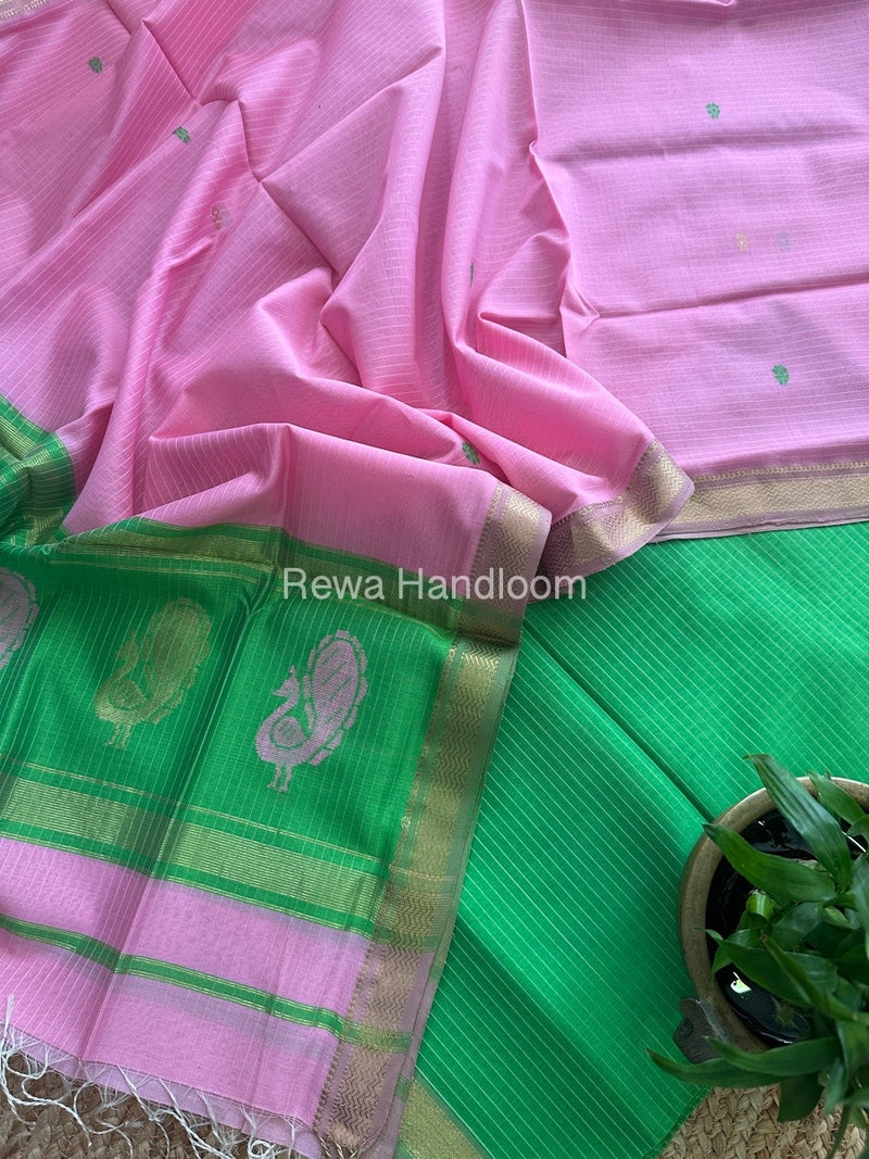 Maheshwari Parrot Green-Pink Peacock Buta-Buti Top-Dupatta Set MS048