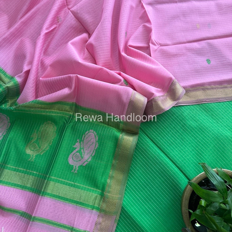 Maheshwari Parrot Green-Pink Peacock Buta-Buti Top-Dupatta Set MS048