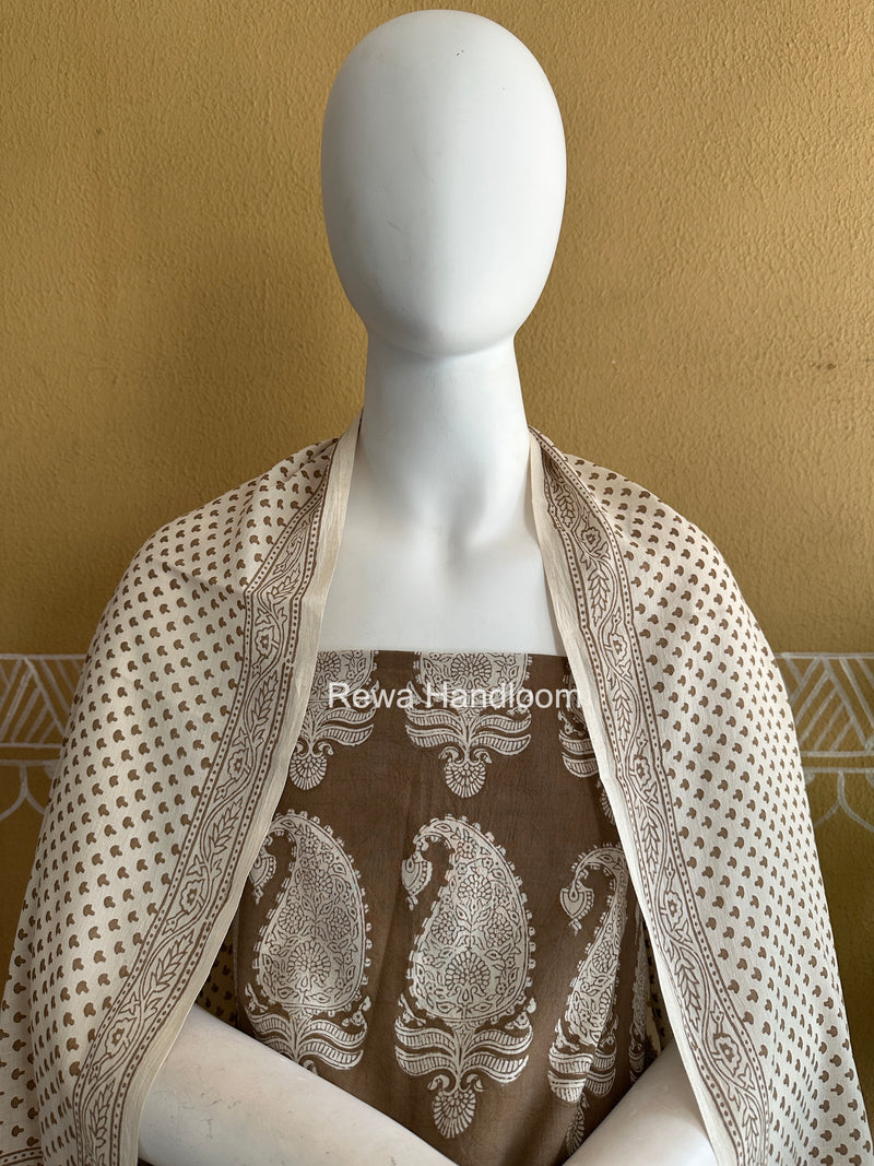 Beige-White Bagh Print Cotton Suit BCSP0172