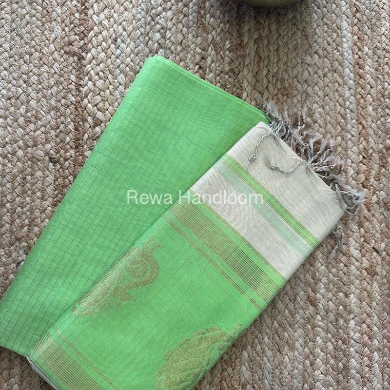 Maheshwari Pista Green-Off White Motifs Top-Dupatta Set MS09