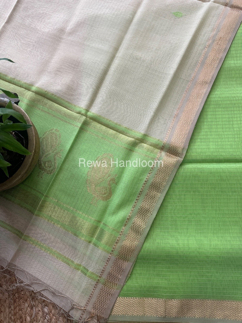 Maheshwari Pista Green-Off White Motifs Top-Dupatta Set MS09