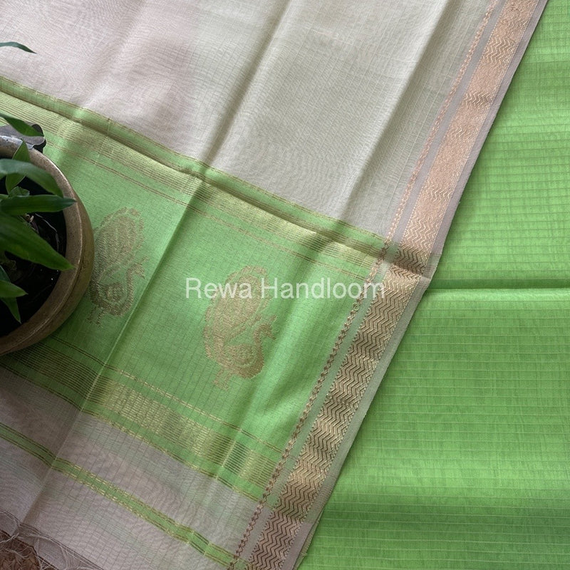 Maheshwari Pista Green-Off White Motifs Top-Dupatta Set MS09