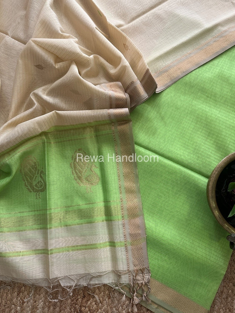 Maheshwari Pista Green-Off White Motifs Top-Dupatta Set MS09