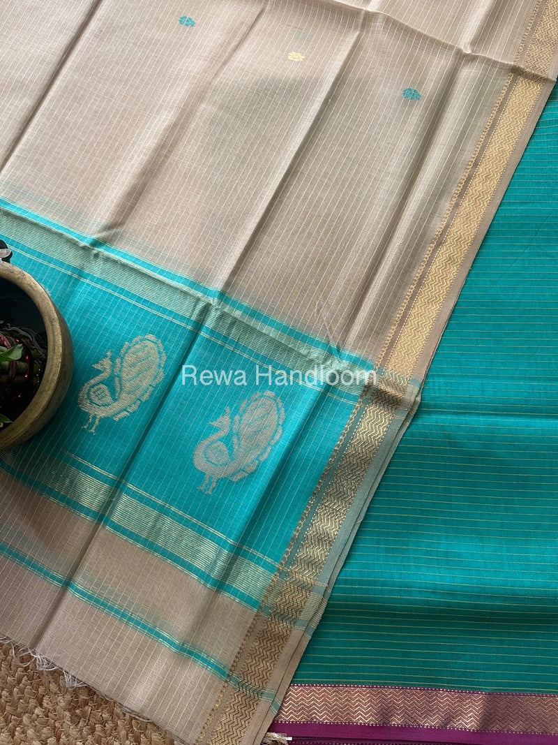 Maheshwari Sea Green-Beige Peacock Buta-Buti Top-Dupatta Set MS010