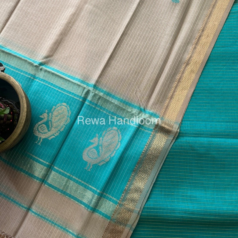 Maheshwari Sea Green-Beige Peacock Buta-Buti Top-Dupatta Set MS010