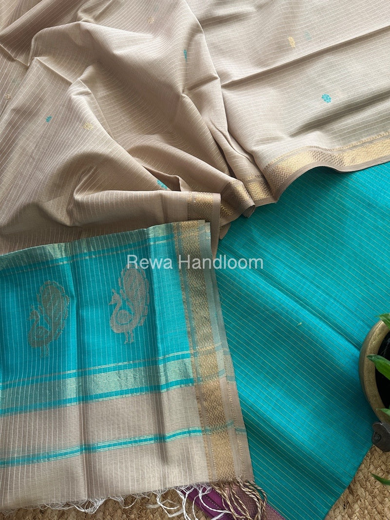 Maheshwari Sea Green-Beige Peacock Buta-Buti Top-Dupatta Set MS010