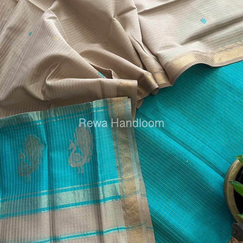 Maheshwari Sea Green-Beige Peacock Buta-Buti Top-Dupatta Set MS010