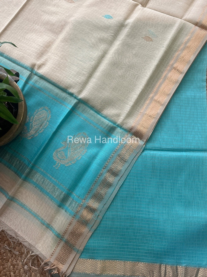 Maheshwari Sea Green-Cream Motifs Top-Dupatta Set MS070