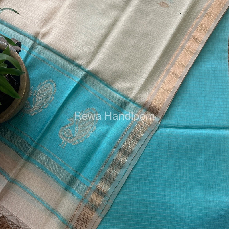 Maheshwari Sea Green-Cream Motifs Top-Dupatta Set MS070
