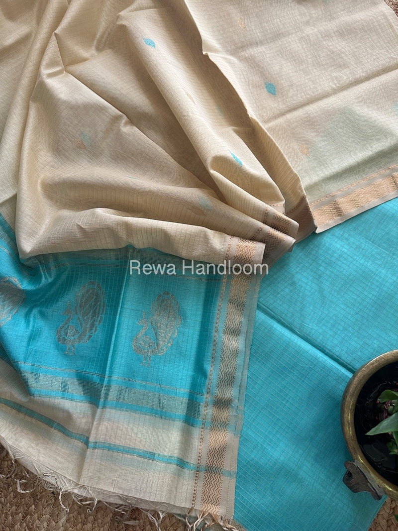 Maheshwari Sea Green-Cream Motifs Top-Dupatta Set MS070