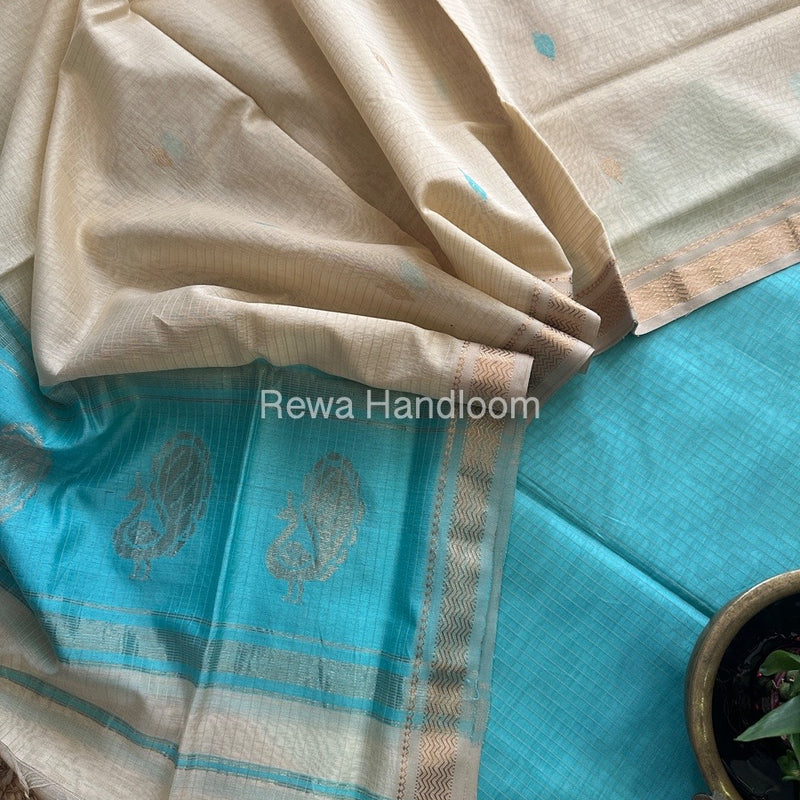 Maheshwari Sea Green-Cream Motifs Top-Dupatta Set MS070