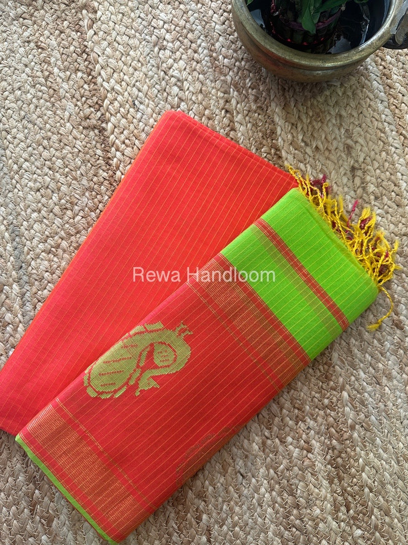 Maheshwari Orange-Parrot Green Peacock Buta-Buti Top-Dupatta Set MS03