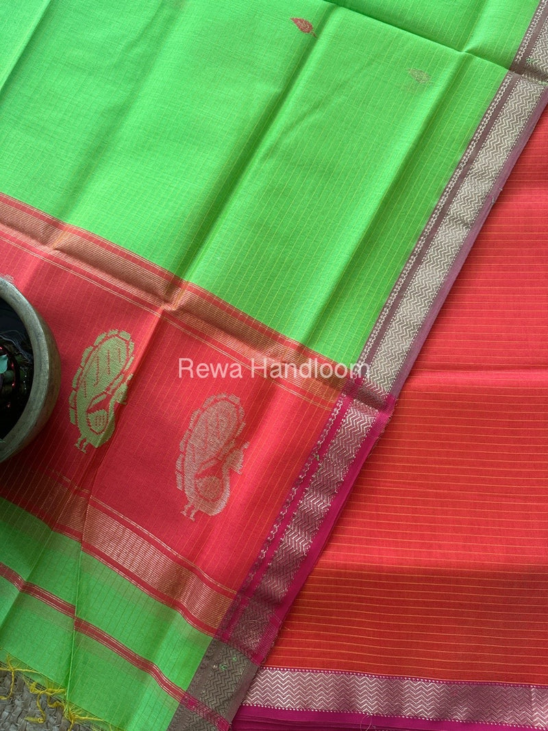 Maheshwari Orange-Parrot Green Peacock Buta-Buti Top-Dupatta Set MS03