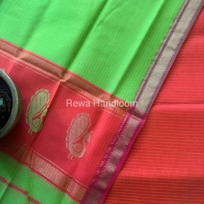 Maheshwari Orange-Parrot Green Peacock Buta-Buti Top-Dupatta Set MS03