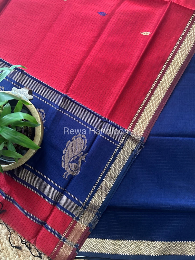 Maheshwari Blue-Red Motifs Top-Dupatta Set MS0134