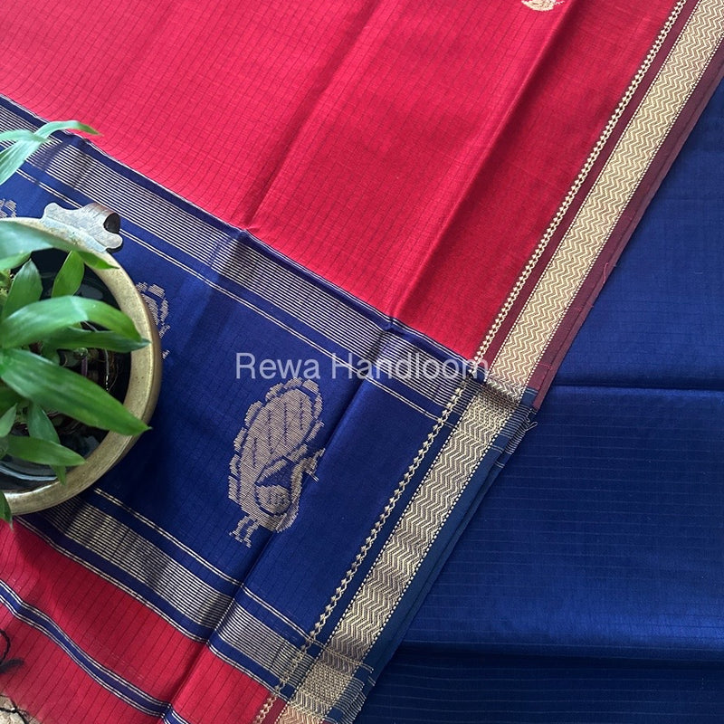 Maheshwari Blue-Red Motifs Top-Dupatta Set MS0134