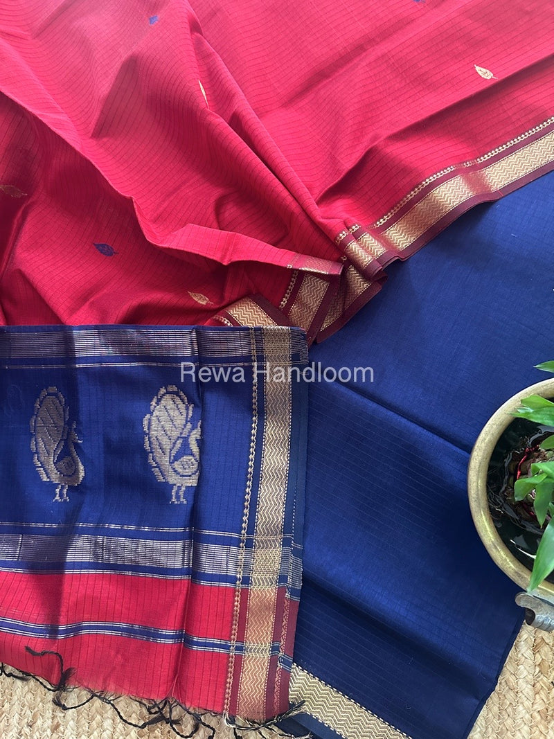 Maheshwari Blue-Red Motifs Top-Dupatta Set MS0134