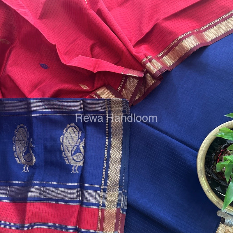 Maheshwari Blue-Red Motifs Top-Dupatta Set MS0134