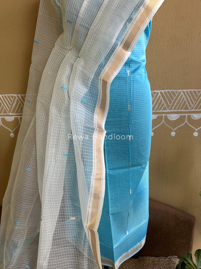 Maheshwari Sky Blue-White Katan Motifs Top Dupatta Sets KBS064