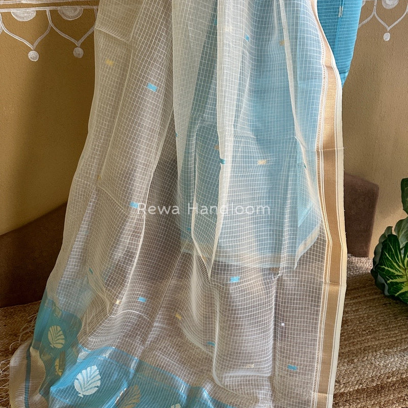 Maheshwari Sky Blue-White Katan Motifs Top Dupatta Sets KBS064
