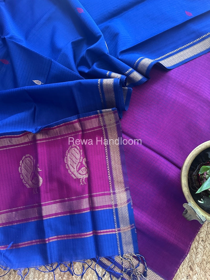 Maheshwari Magenta-Navy Blue Peacock Buta-Buti Top-Dupatta Set MS037