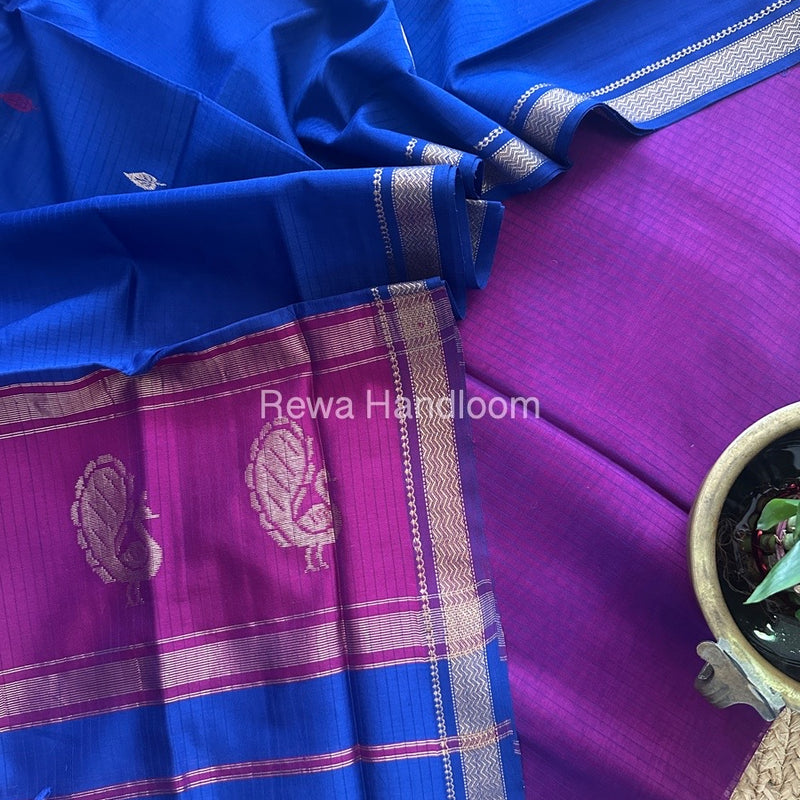 Maheshwari Magenta-Navy Blue Peacock Buta-Buti Top-Dupatta Set MS037
